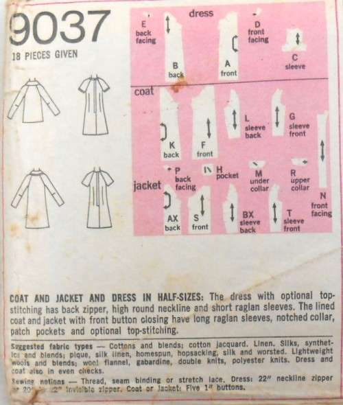 VINTAGE SIMPLICITY 9037 COAT-JACKET-DRESS SIZE 16 1/2 BUST 39 COMPLETE