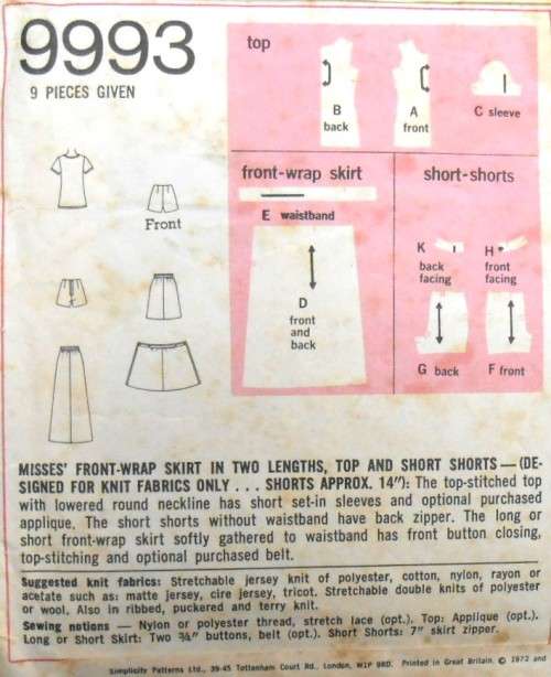 SIMPLICITY 9993 FRONT WRAP SKIRT IN 2 LENGTHS-TOP-SHORT SHORTS SIZE 10 BUST 32 1/2 COMPLETE