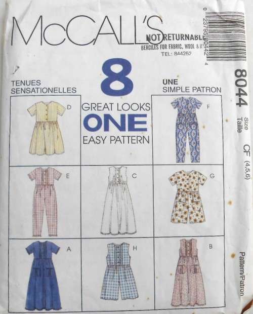 McCALLS 8044 GIRLS DRESS-JUMPSUIT-ROMPER SIZE CF 4-5-6 YEARS - COMPLETE