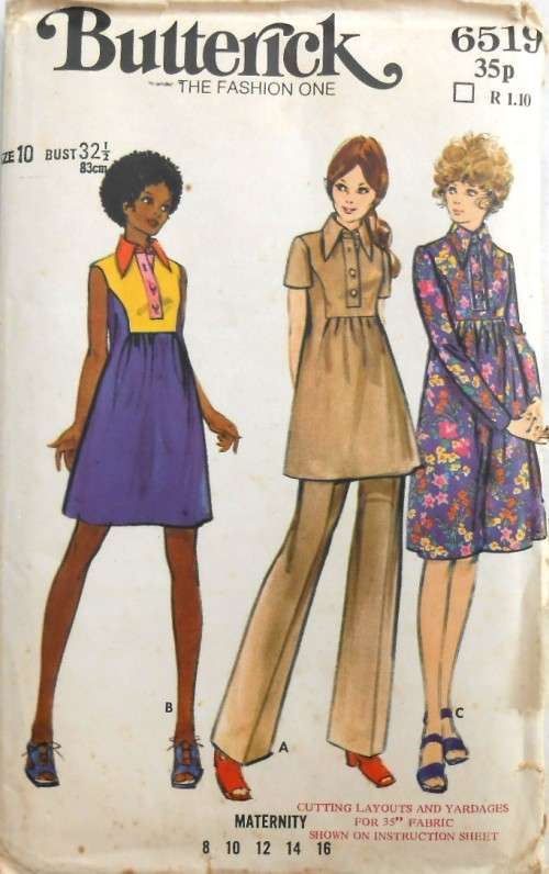 VINTAGE BUTTERICK 6519 MATERNITY DRESS-PANTS SIZE 10 BUST 32 1/2 COMPLETE-UNCUT-F/FOLDED