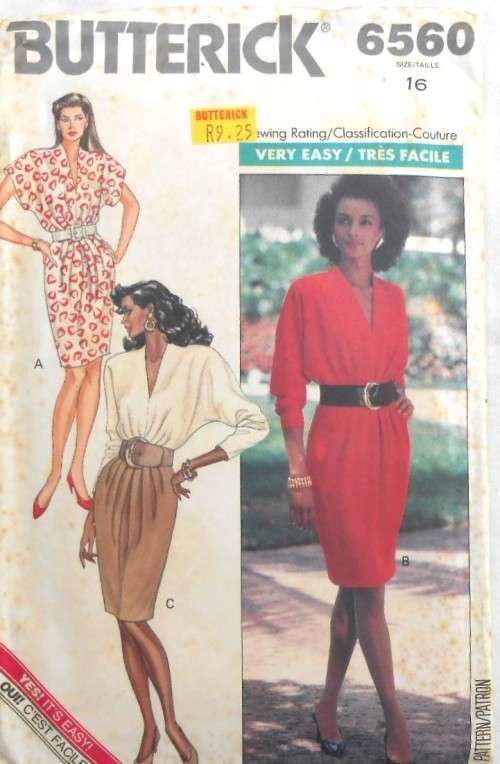 BUTTERICK 6560 DRESS WITH LOOSE FITTING PLEATED BODICE SIZE 16-COMPLETE-UNCUT-F/FOLDED