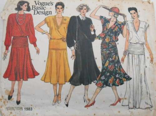 VOGUES BASIC DESIGN 1583- LOOSE FITTING DRESS WITH NECKLINE VARIATIONS SIZE 12-14-16 COMPLETE