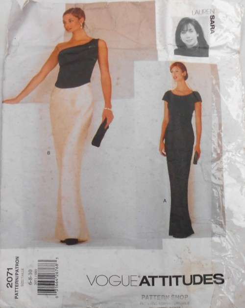 VOGUE ATTITUDES 2071- FLOOR LENGTH DRESS WITH NECKLINE VARIATIONS SIZE 6-8-10 COMPLETE