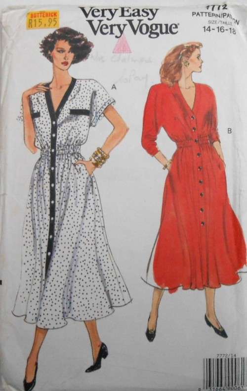 VOGUE 7772 VERY LOOSE FRONT BUTTON DRESS SIZE 14-16-18 COMPLETE-UNCUT-F/FOLDED