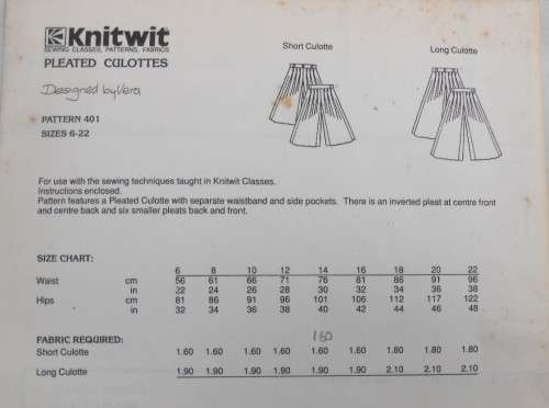 KNITWIT PATTERN 401 PLEATED CULOTTES SIZES LADIES 6 - 22