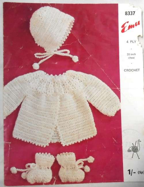 EMU 8337 CROCHET COAT-BONNET-BOOTEES TO FIT 20 INCH CHEST