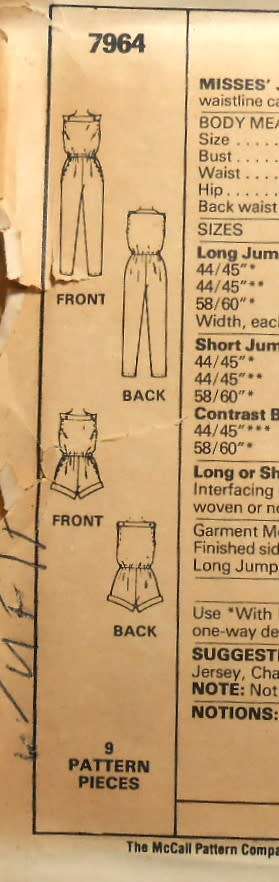 McCALLS 7964 JUMPSUIT SIZE 8 BUST 31  1/2 COMPLETE-UNCUT-F/F0LDED