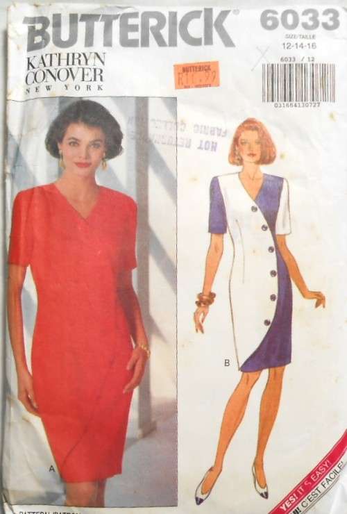 BUTTERICK 6033 SEMI FITTED LINED DRESS WITH SHAPED FRONT OVERLAY SIZE 12-14-16 SEE LISTING