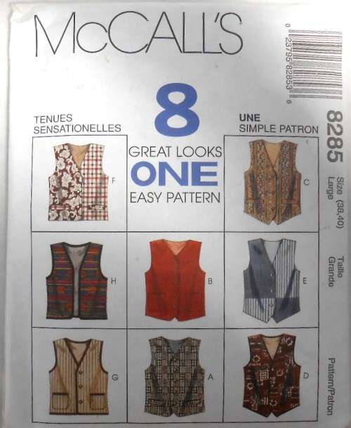 McCALLS 8285 UNISEX LINED WAISTCOATS SIZE LARGE 38-40 COMPLETE-PART CUT