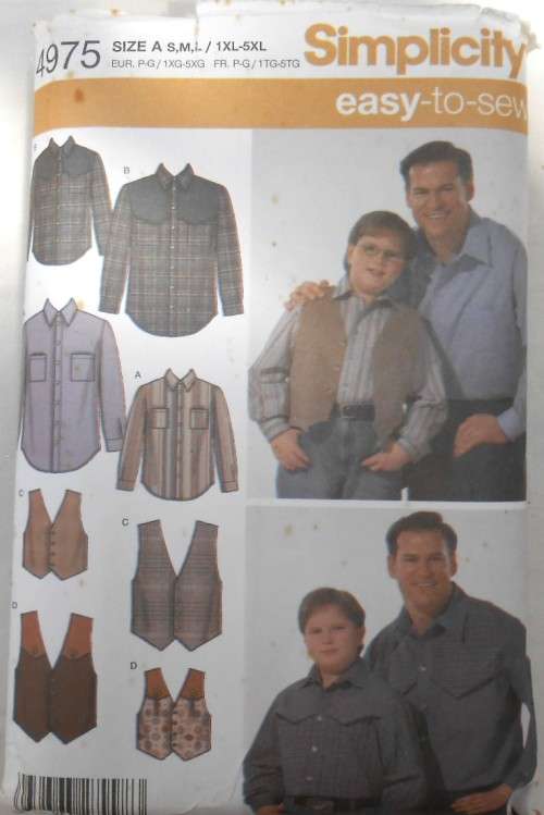 SIMPLICITY 4975 BOY & MENS SHIRT & WAISTCOAT SIZE SML 1XL-5XL (29-64) COMPLETE-PART CUT (WAISTCOAT)