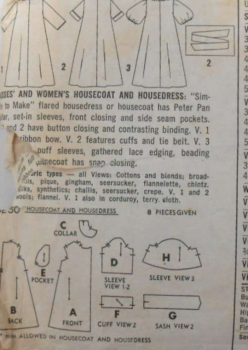 VINTAGE SIMPLICITY 3230 HOUSECOAT & HOUSE DRESS SIZE 12 BUST 32  COMPLETE-ZIPLOC