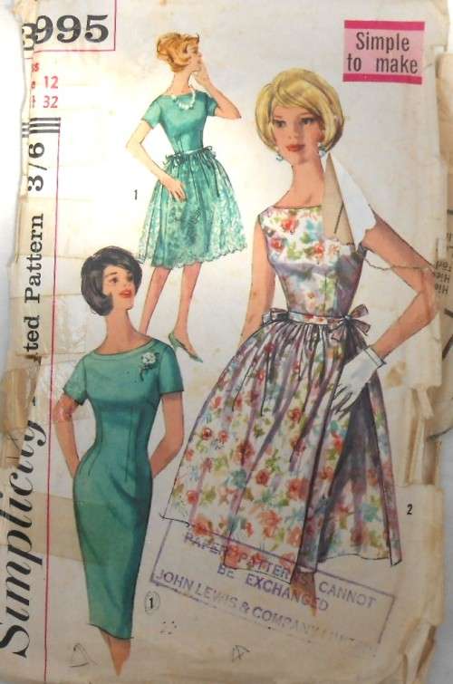 VINTAGE SIMPLICITY 3995  ONE PIECE DRESS & OVERSKIRT SIZE 12 BUST 32 COMPLETE-ZIPLOC