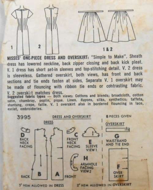 VINTAGE SIMPLICITY 3995  ONE PIECE DRESS & OVERSKIRT SIZE 12 BUST 32 COMPLETE-ZIPLOC