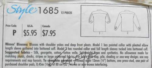 STYLE 1685 SET OF BLOUSES SIZE 8-18 COMPLETE-UNCUT-F/FOLDED
