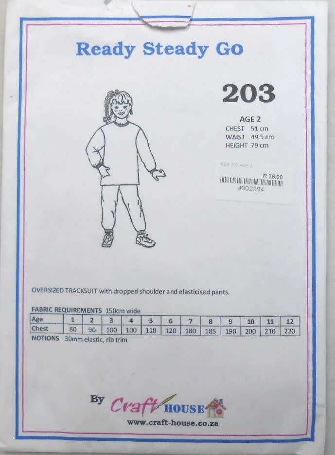 READY-STEADY-GO PATTERN-203 - OVERSIZED TRACKSUIT WITH DROPPED SHOULDERS AGE 3 YEARS CHEST 53 CM