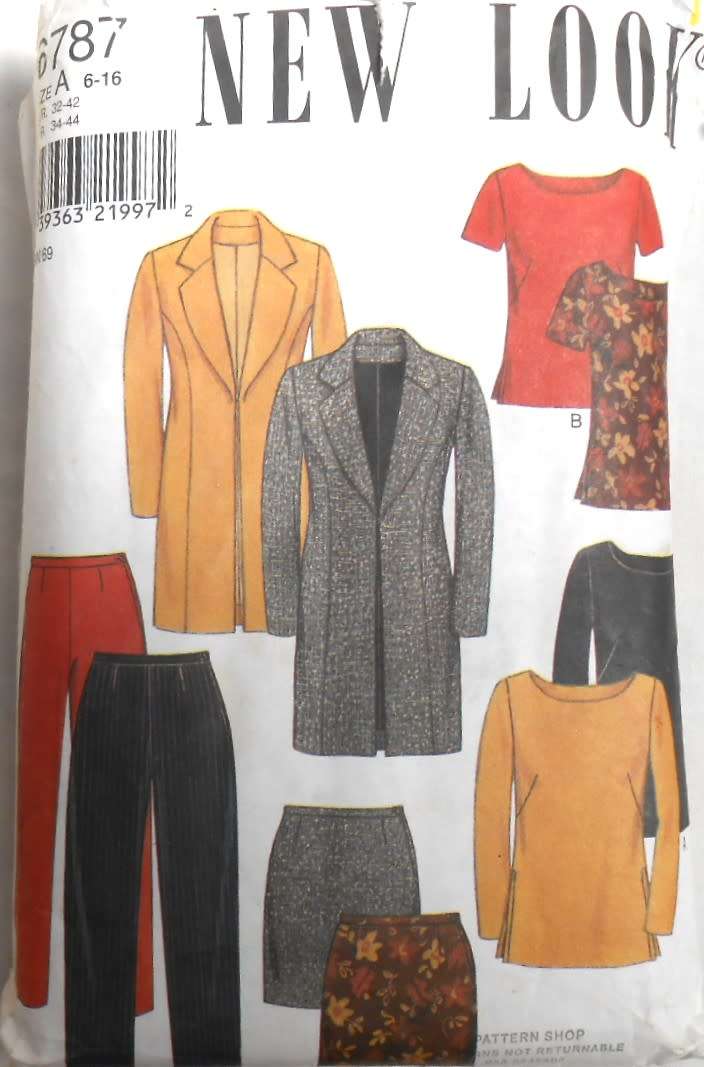NEW LOOK 6787 COAT-LONG & SHORT SLEEVE TOPS-SKIRT-PANTS  SIZES 6-16 COMPLETE-MOSTLY UNCUT