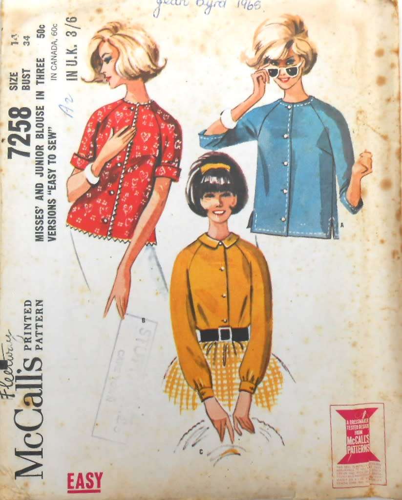 VINTAGE McCALLS 7258 FRONT BUTTON OVERBLOUSE SIZE 14 BUST 34 COMPLETE-UNCUT-F/FOLDED
