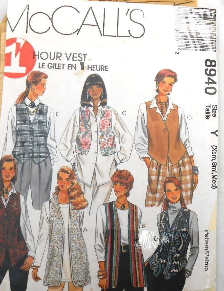 McCALLS 8940  UNLINED WAISTCOATS SIZE XS-S-M (4-14) COMPLETE-MOSTLY UNCUT-ZIPLOC BAG