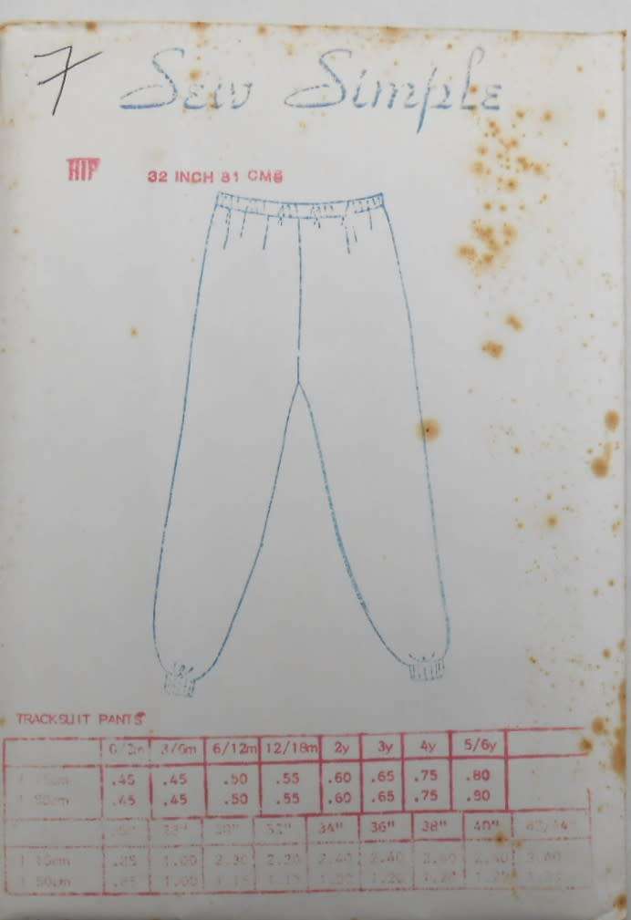 SEW SIMPLE PATTERNS 7  TRACKSUIT PANTS SIZE HIP 32 OR 81 CM  COMPLETE-UNCUT-F/FOLDED