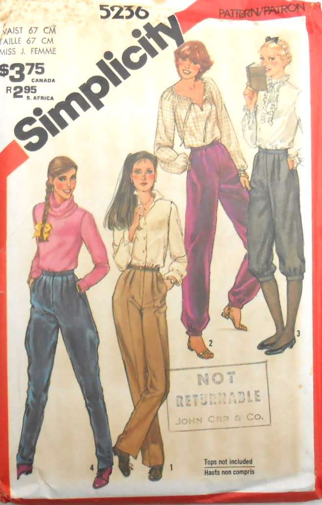 SIMPLICITY 5236 STRAIGHT LEG PANTS-BANDED PANTS-KNICKERS-JODHPURS SIZE 12 COMPLETE-UNCUT-F/FOLDED