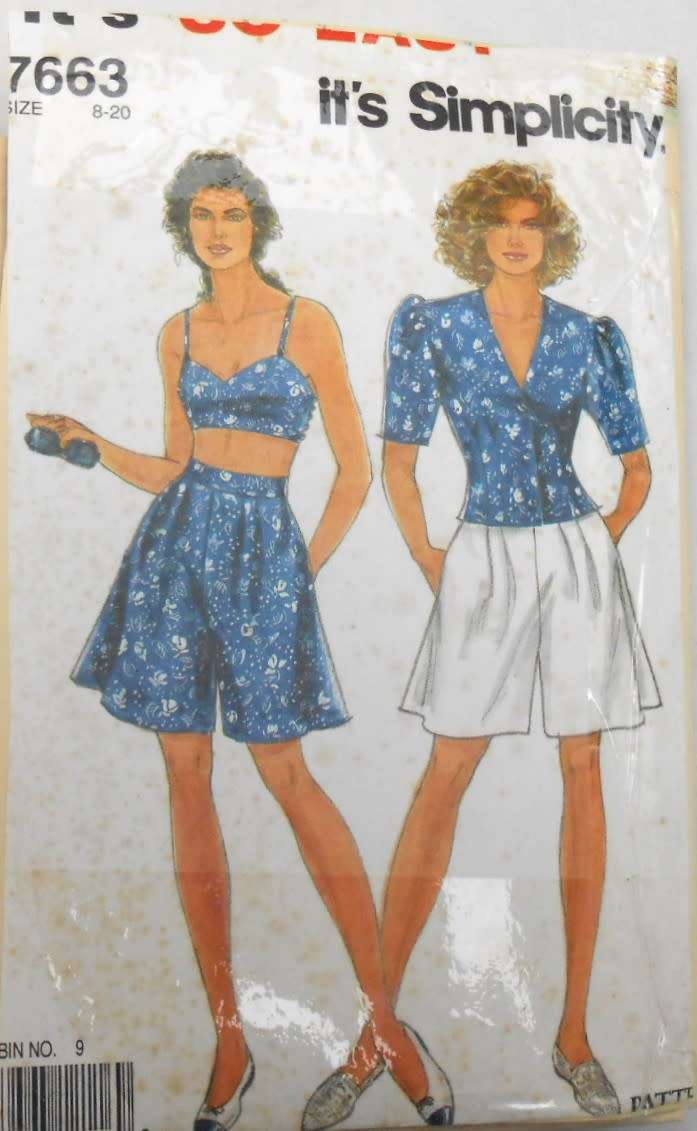 SIMPLICITY 7663 TOP-SHORTS-BIKINI TOP SIZE 8-20 COMPLETE-MOSTLY UNCUT-ZIPLOC