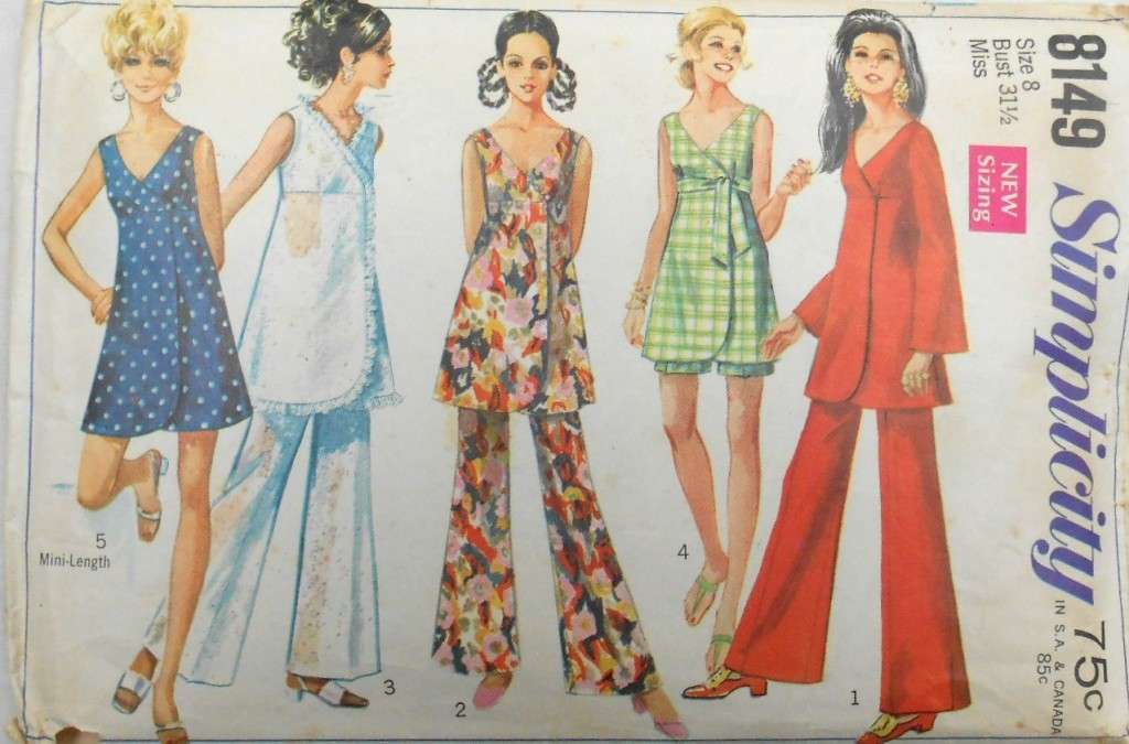 VINTAGE SIMPLICITY 8149 TUNIC-MINI DRESS-BELL BOTTOM PANTS-SHORTS SIZE 8 BUST 31 1/2 COMPLETE