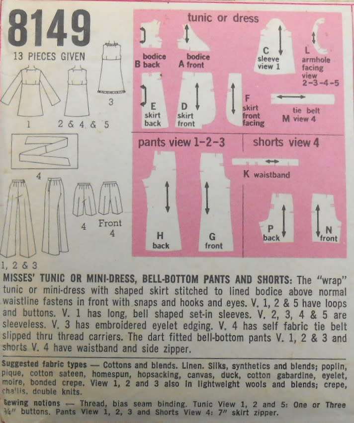 VINTAGE SIMPLICITY 8149 TUNIC-MINI DRESS-BELL BOTTOM PANTS-SHORTS SIZE 8 BUST 31 1/2 COMPLETE