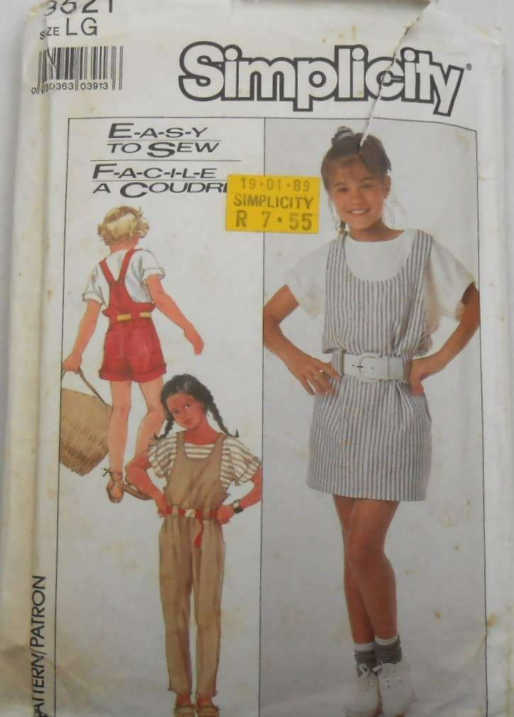 SIMPLICITY 8521 VERY LOOSE FITTING OVERALLS-PINAFORE-PULLOVER TOP SIZE LARGE 12-14 YEARS  COMPLETE