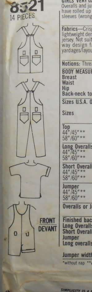 SIMPLICITY 8521 VERY LOOSE FITTING OVERALLS-PINAFORE-PULLOVER TOP SIZE LARGE 12-14 YEARS  COMPLETE