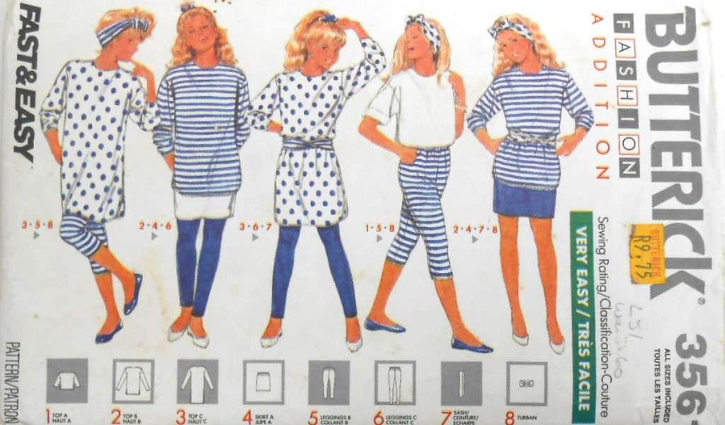 BUTTERICK 3561 GIRLS LEGGINGS-TOP-SKIRT-TURBAN-SASH SIZES 7-14 YEARS COMPLETE