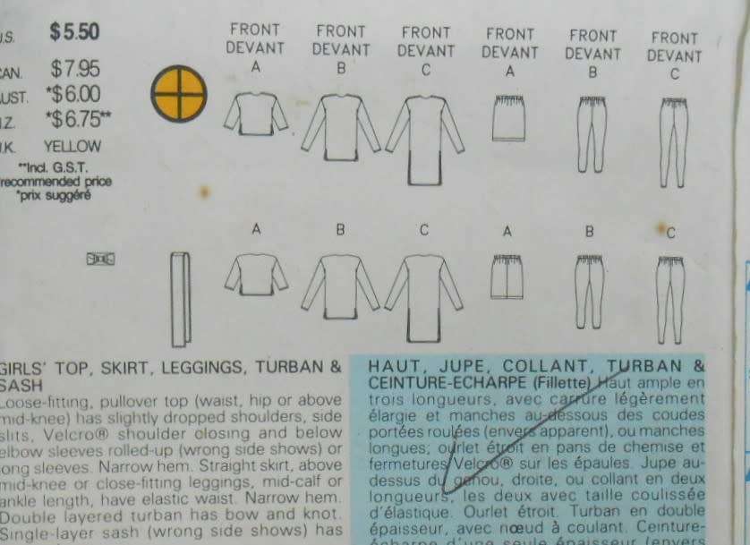 BUTTERICK 3561 GIRLS LEGGINGS-TOP-SKIRT-TURBAN-SASH SIZES 7-14 YEARS COMPLETE