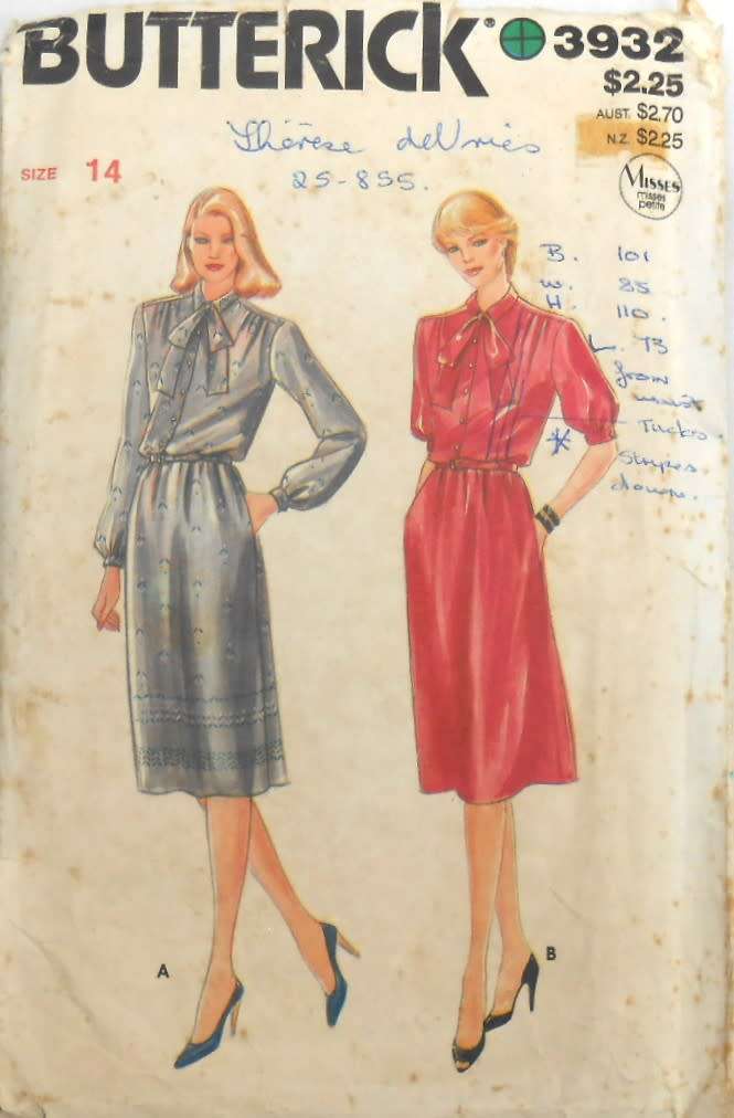 BUTTERICK 3932 DRESS-TIE & BELT SIZES 14 COMPLETE-ZIPLOC