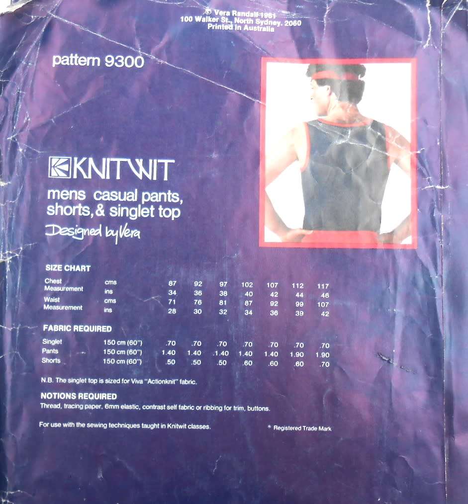 KNITWIT PATTERN 9300 MENS CASUAL PANTS-SHORTS-SINGLET TOP - SIZES CHEST 87-117 CM COMPLETE & UNCUT