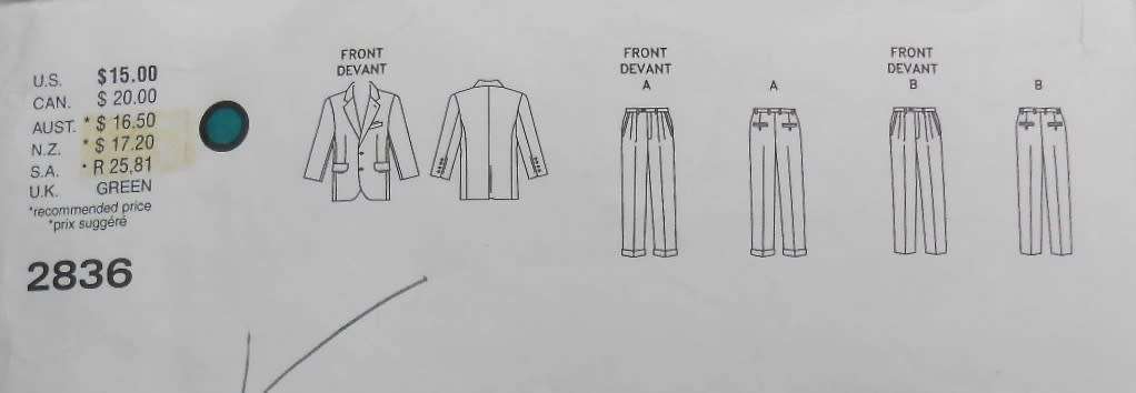 VOGUE 2836 MEN`S JACKET & PANTS SIZE 38-40-42 COMPLETE-ZIPLOC BAG