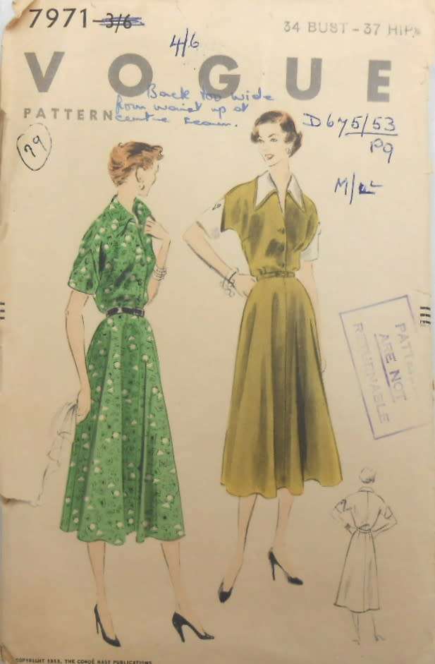 V/VINTAGE VOGUE 7971 ONE PIECE DRESS SIZE 34 BUST 37 HIP-COMPLETE-ZIPLOC BAG