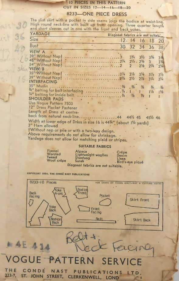 V/VINTAGE VOGUE 8233  ONE PIECE DRESS SIZE 34 BUST SEE LISTING-ZIPLOC BAG