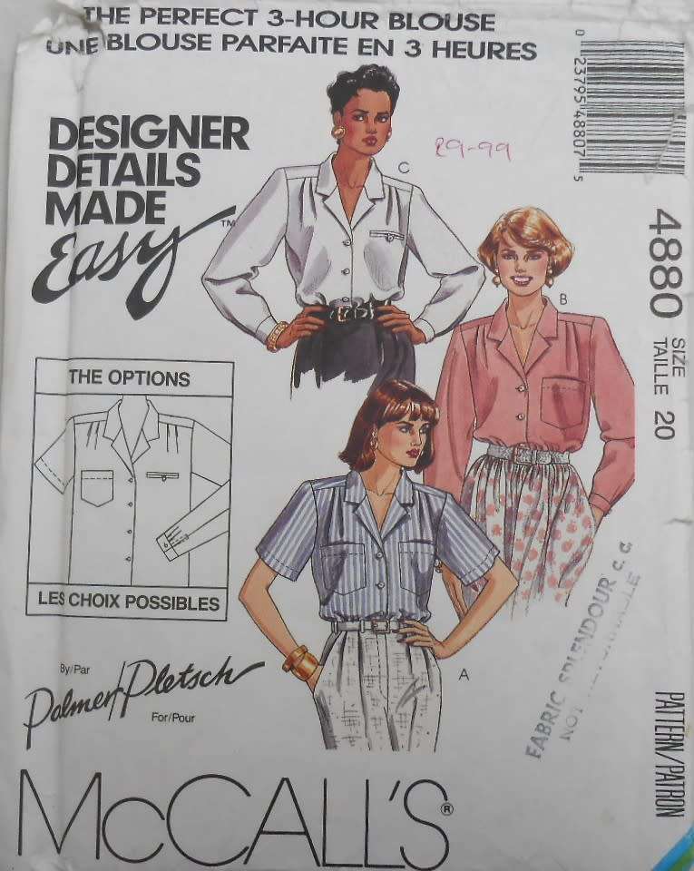 McCALLS M4880 THREE HOUR BLOUSE SIZE 20 COMPLETE-UNCUT-F/FOLDED
