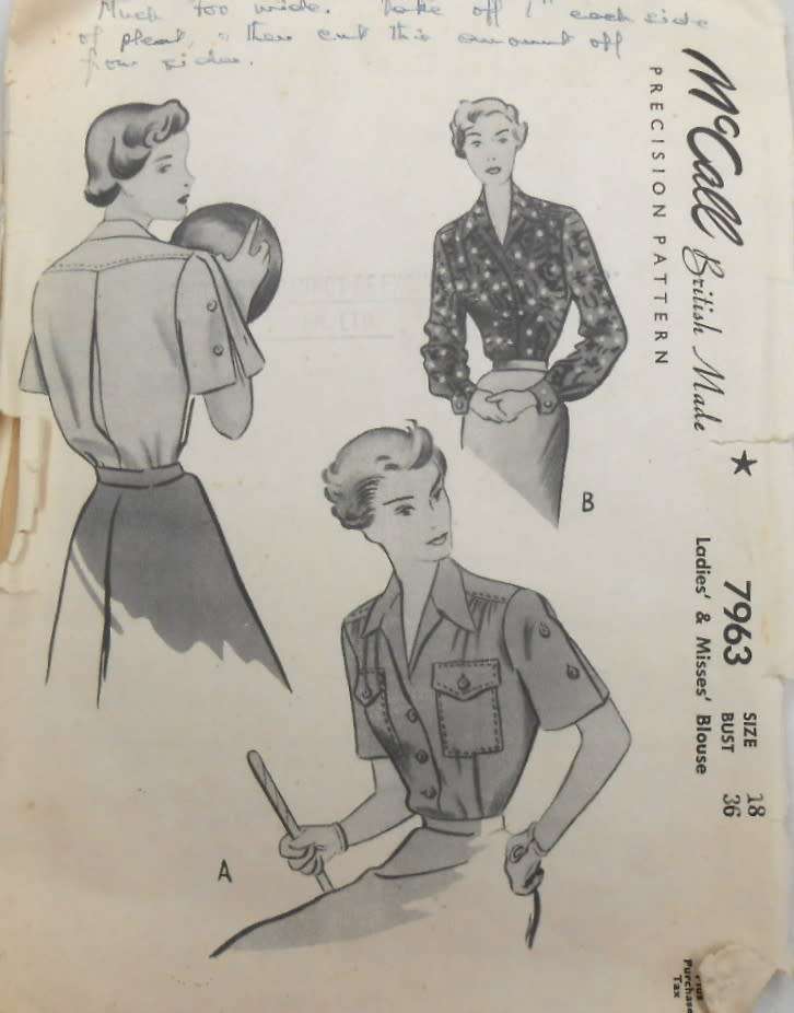 V/VINTAGE McCALLS 7963 LADIES BLOUSE SIZE 18 BUST 36 COMPLETE-ZIPLOC BAG