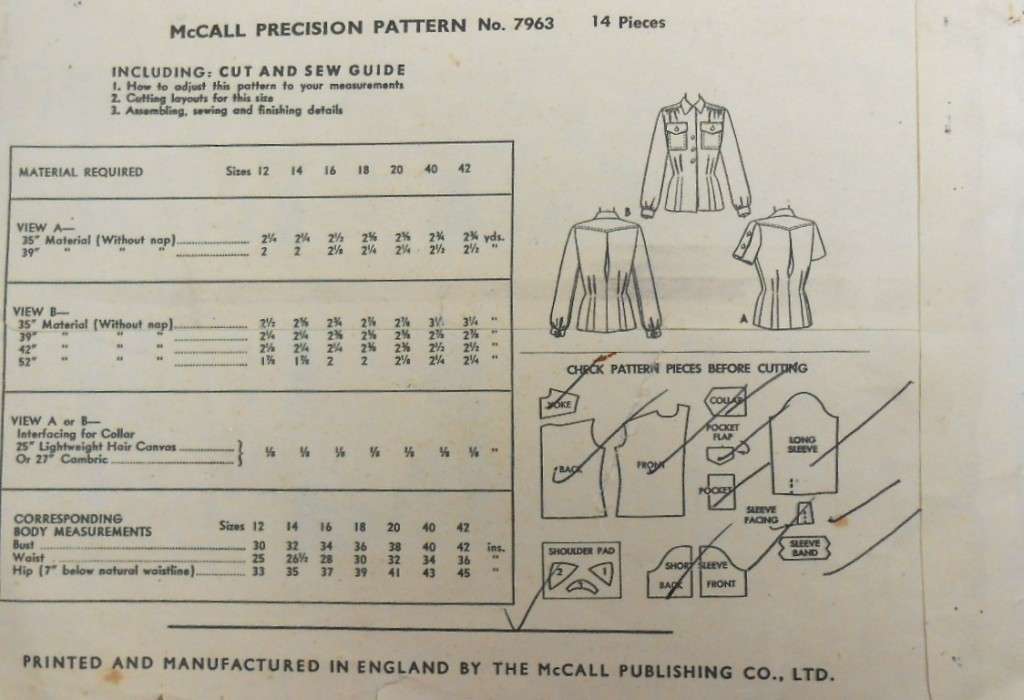 V/VINTAGE McCALLS 7963 LADIES BLOUSE SIZE 18 BUST 36 COMPLETE-ZIPLOC BAG