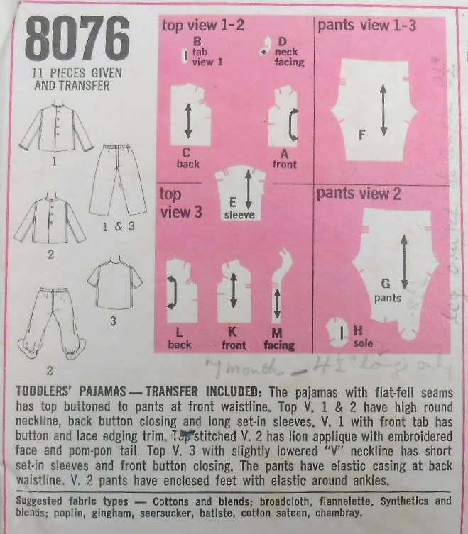 SIMPLICITY 8076 TODDLERS PJS + TRANSFER SIZE 4 YEAR COMPLETE