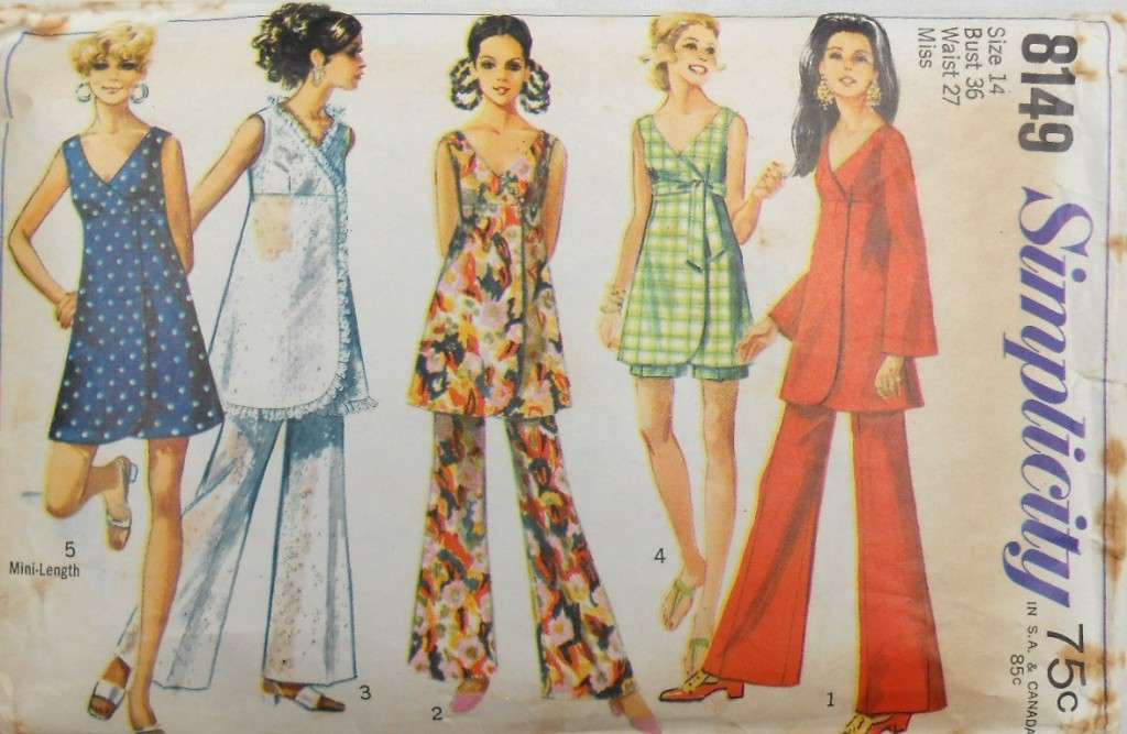 VINTAGE SIMPLICITY 8149 TUNIC-MINI DRESS-BELL BOTTOM PANTS-SHORTS SIZE 14 BUST 36 COMPLETE