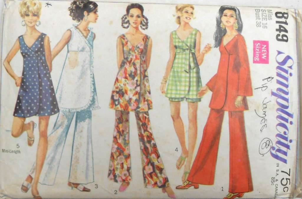 VINTAGE SIMPLICITY 8149 TUNIC-MINI DRESS-BELL BOTTOM PANTS-SHORTS SIZE 16 BUST 38 COMPLETE-PART CUT