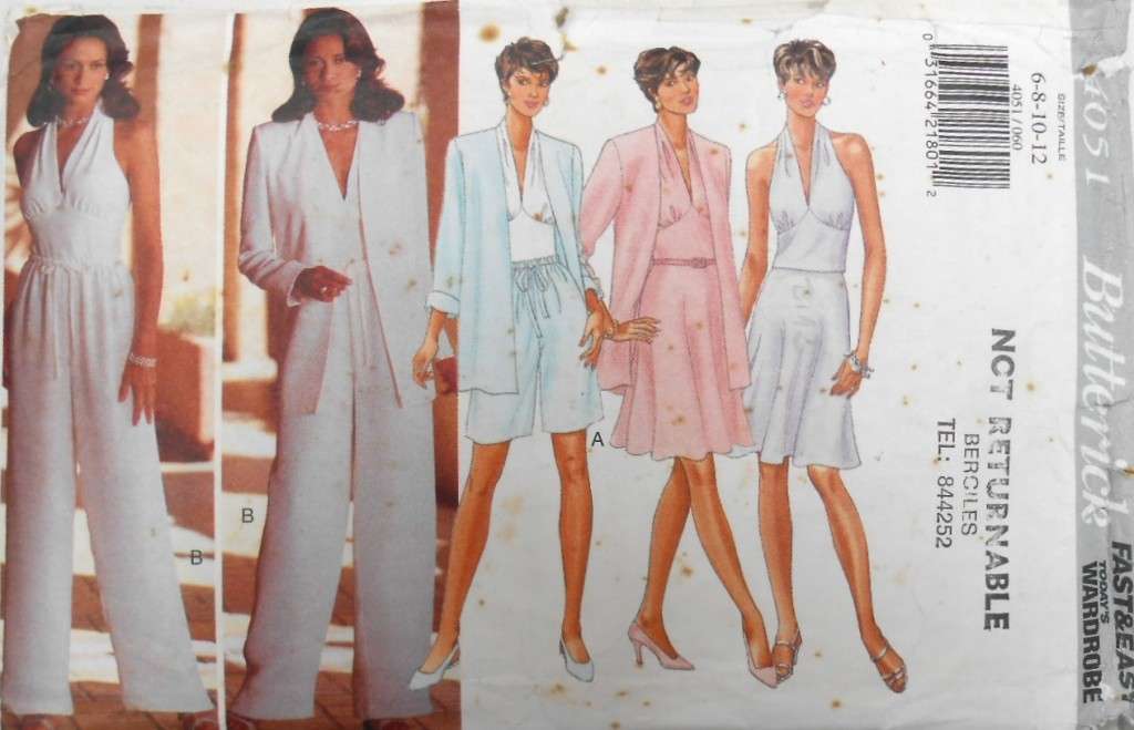 BUTTERICK 4051 JACKET-HALTER TOP-SKIRT-SHORTS-PANTS SIZE 6-8-10-12 COMPLETE-CUT TO 12-ZIPLOC