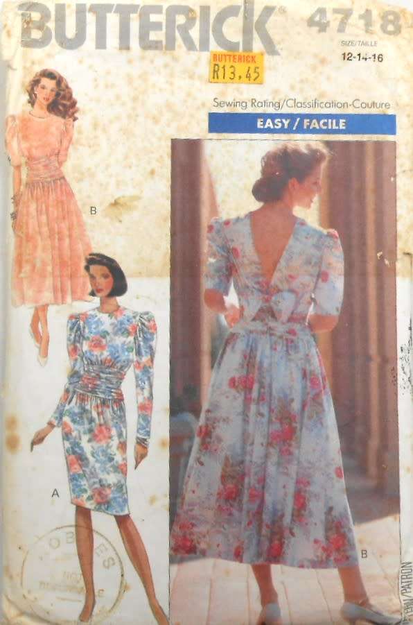 BUTTERICK 4718 DRESS WITH LOOSE FITTING BODICE SIZE 12-14-16 COMPLETE