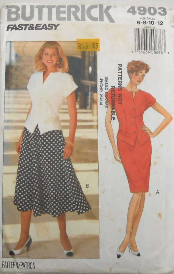 BUTTERICK 4903 TOP WITH CAP SLEEVES & SKIRT SIZE 6-8-10-12 COMPLETE - CUT TO 10/12