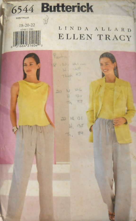 BUTTERICK 6544 JACKET-TOP-PANTS SIZE 18-20-22 COMPLETE-ONLY PANTS PATTERN CUT