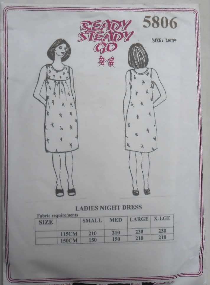 READY-STEADY-GO PATTERN-5806 LADIES NIGHT DRESS SIZE LARGE (16-18)