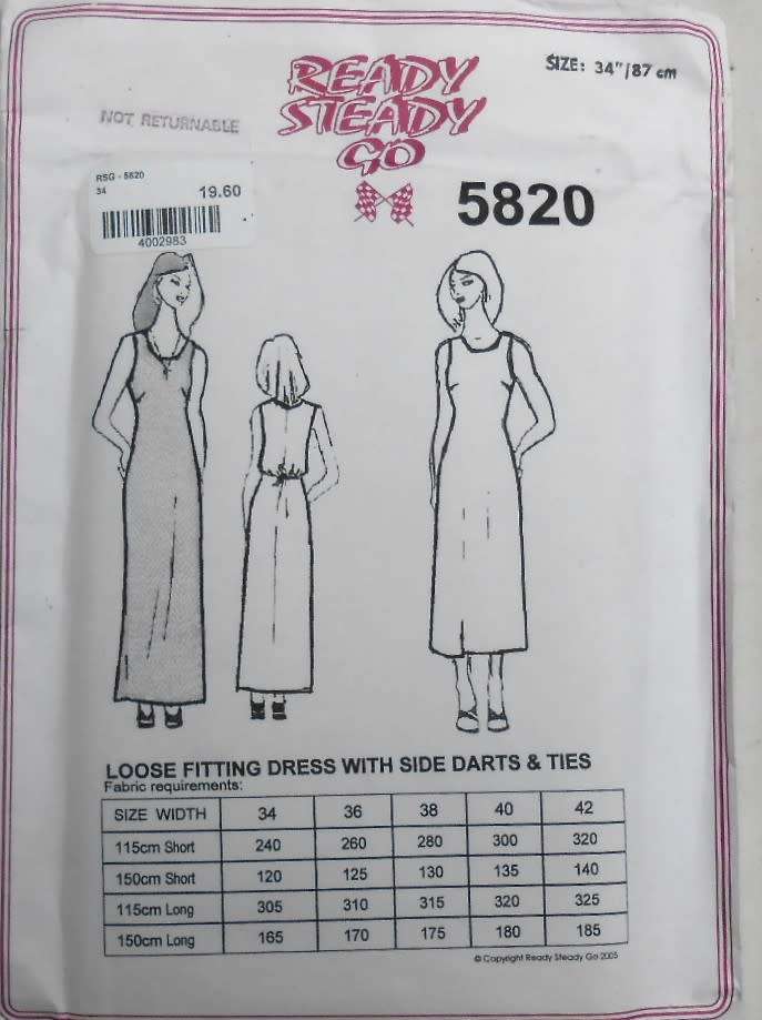 READY-STEADY-GO PATTERN-#5820 LOOSE FITTING DRESS WITH DARTS & TIES SIZE 34/87 CM