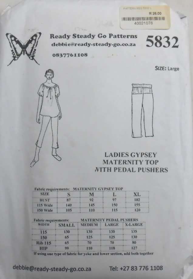 READY-STEADY-GO PATTERN-5832 LADIES MATERNITY TOP WITH PEDAL PUSHERS SIZE LARGE BUST 97 CM
