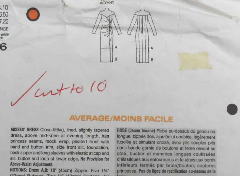 VOGUE DESIGNER-BELLVILLE SASSOON 2596 CLOSE FITTING LINED DRESS  SIZE 6-8-10 COMPLETE-CUT TO 10